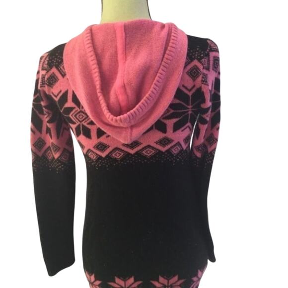 Justice Long Sweater Dress Junior 14 Pink Black Snowflake Hood Knit Winter - Picture 5 of 8